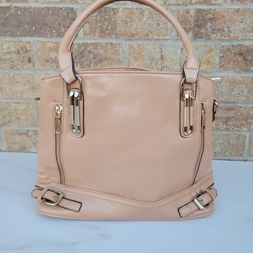 Tan Faux Leather Satchel Handbag Gold Tone‎ Hardware Multi Compartment Tote Bag